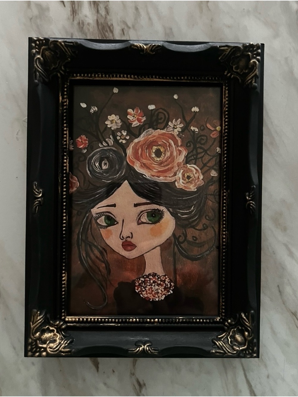 Framed Floral Portrait Wall Art - Black Frame, Brown & Green Tones